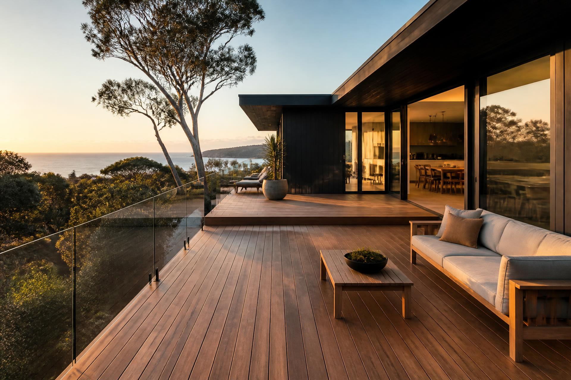 Hardwood deck with glass balustrade on a Central Coast home overlooking the ocean at sunset